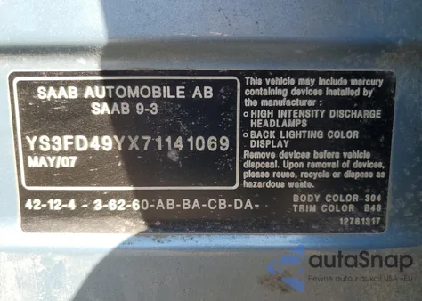 2007 Saab 9-3 2.0T from USA, damaged, VIN YS3FD49YX71141069